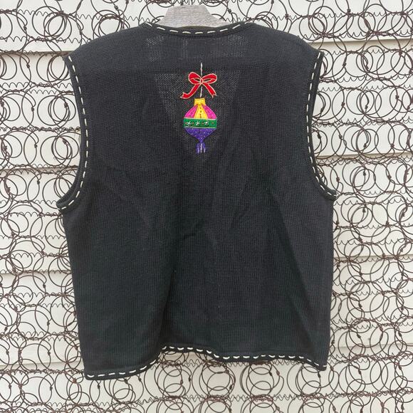 Vintage 90s Bobbie Brooks Christmas Ornaments Stars Sweater Vest Black LARGE - Picture 5 of 7